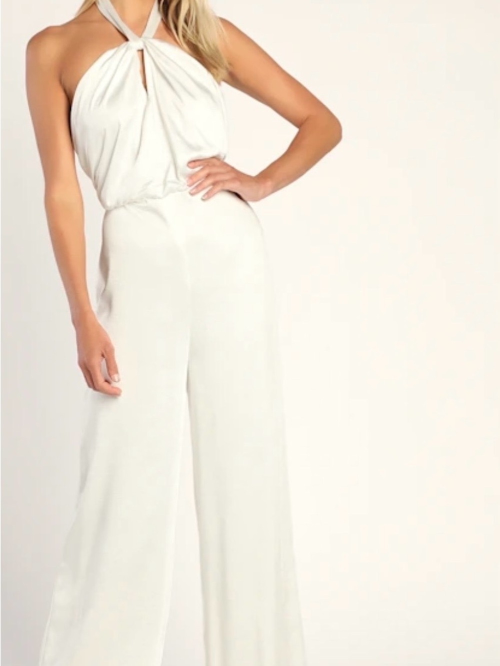 Lulu's White Halter Tie-Neck Wide-Leg Jumpsuit